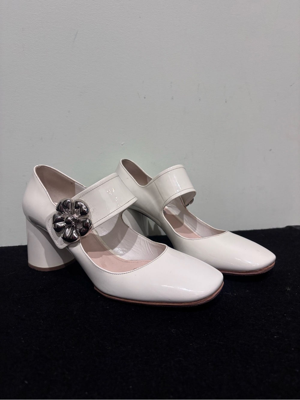 Prada White Patent Mary Jane Block Heel Pumps with Silver Floral Buckle